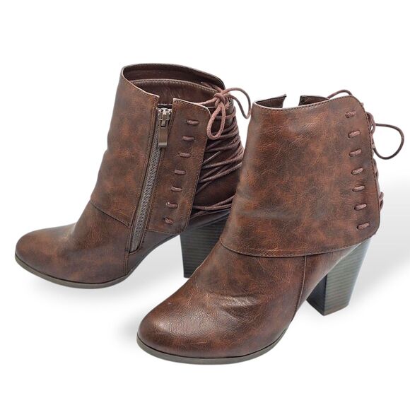 JG Brown Heeled Ankle Boots Size 8.5 – Stacked Heel, Lace-Up Back, Zip Side - Picture 1 of 8